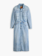 Load image into Gallery viewer, Women's Solid Blue Spread Collar Denim Dress