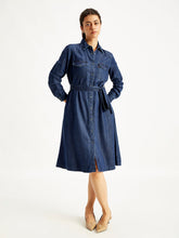 Load image into Gallery viewer, Women's Solid Indigo Spread Collar Shirt Dress