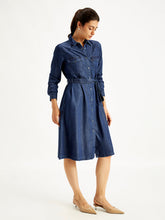 Load image into Gallery viewer, Women's Solid Indigo Spread Collar Shirt Dress