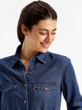 Load image into Gallery viewer, Women's Solid Indigo Spread Collar Shirt Dress