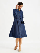 Load image into Gallery viewer, Women's Solid Indigo Spread Collar Shirt Dress