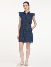 Load image into Gallery viewer, Women's Solid Blue Spread Collar Dress