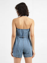 Load image into Gallery viewer, Women's Solid Blue Collar Romper Dress