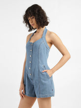Load image into Gallery viewer, Women's Solid Blue Collar Romper Dress