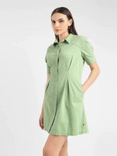 Load image into Gallery viewer, Women's Solid Green Spread Collar Dress