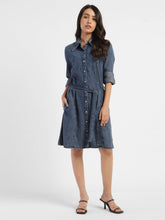 Load image into Gallery viewer, Women's Solid Mid Indigo Shirt Collar Dresses