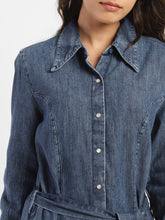Load image into Gallery viewer, Women's Solid Mid Indigo Shirt Collar Dresses