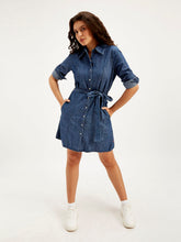 Load image into Gallery viewer, Women's Solid Navy Spread Collar Dress