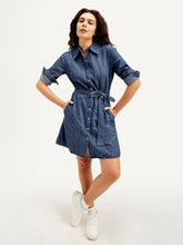 Load image into Gallery viewer, Women's Solid Navy Spread Collar Dress