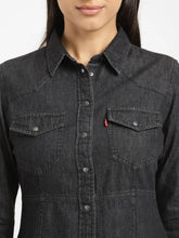 Load image into Gallery viewer, Women's Solid Black Spread Collar Dress