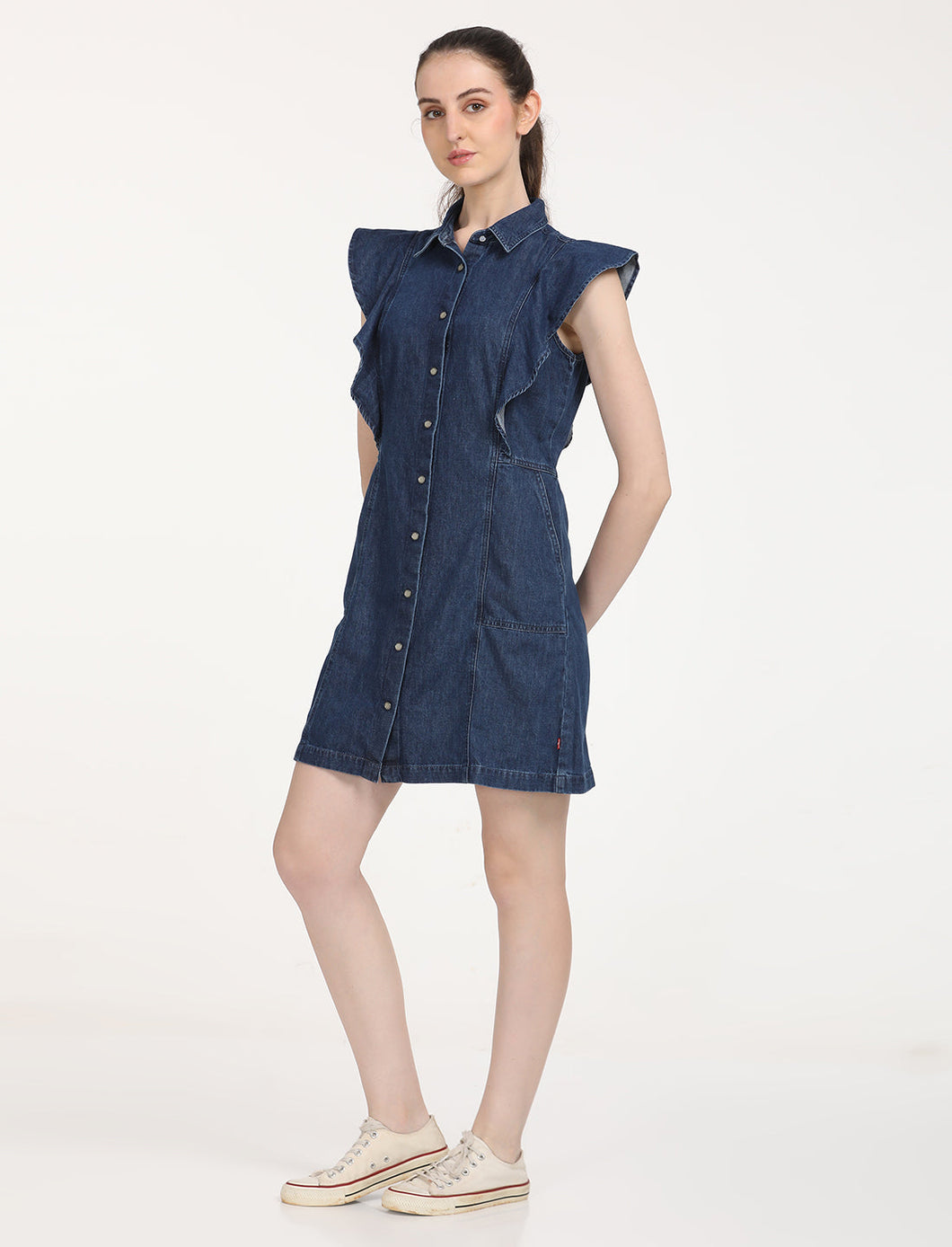 Women's Solid Blue Spread Collar Dress