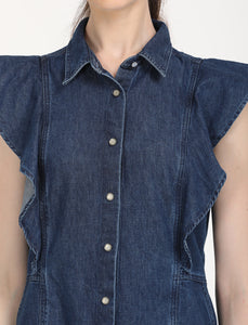 Women's Solid Blue Spread Collar Dress