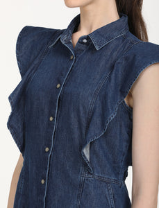 Women's Solid Blue Spread Collar Dress