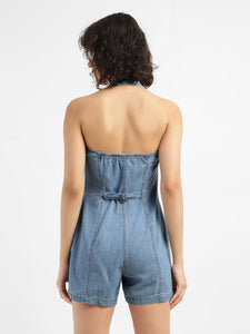 Women's Solid Blue Collar Romper Dress