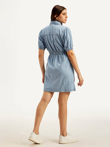 Women's Solid Light Blue Spread Collar Dress