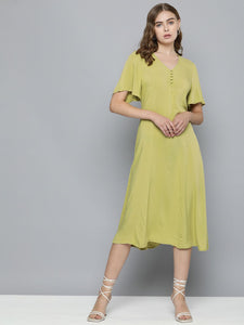 Women's Solid Green V Neck Dresses