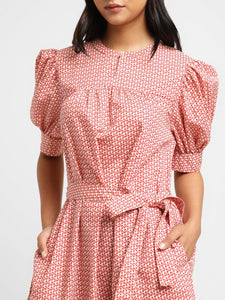 Women's Printed Cream Round Neck Dress