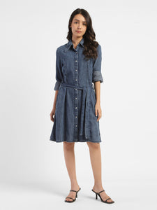 Women's Solid Mid Indigo Shirt Collar Dresses