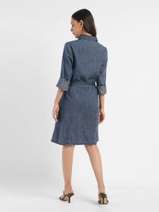 Women's Solid Mid Indigo Shirt Collar Dresses
