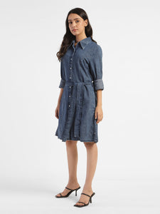 Women's Solid Mid Indigo Shirt Collar Dresses
