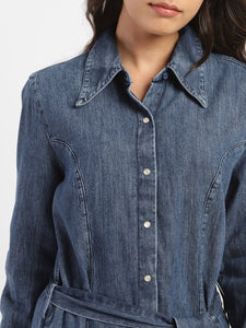 Women's Solid Mid Indigo Shirt Collar Dresses