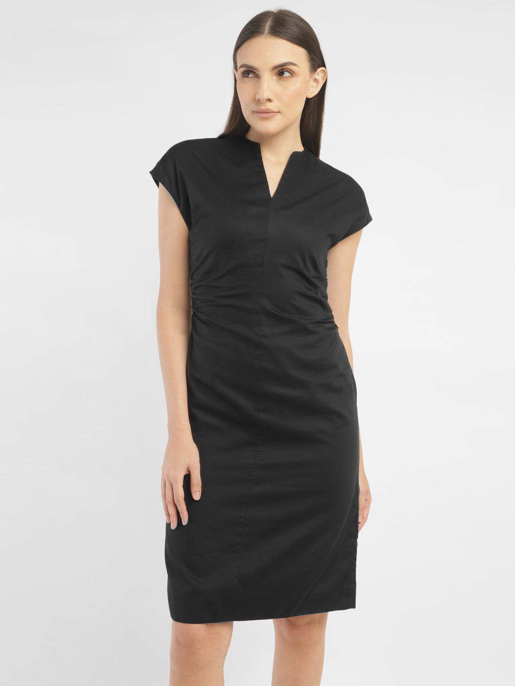 Women's Solid Black V Neck Dress