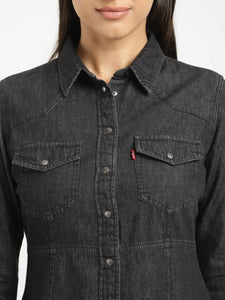 Women's Solid Black Spread Collar Dress