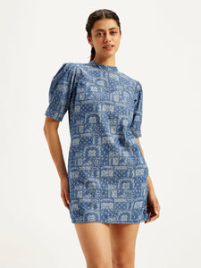 Women's Paisley Blue Band Neck Mini Dress