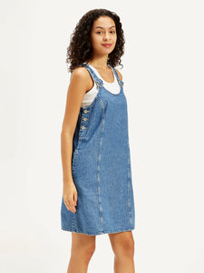Women's Solid Blue Scoop Neck Denim Dress